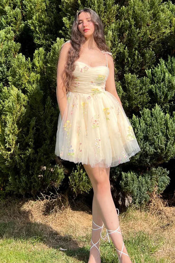 A Line Short Floral Embroidery Homecoming Dress HZ1023